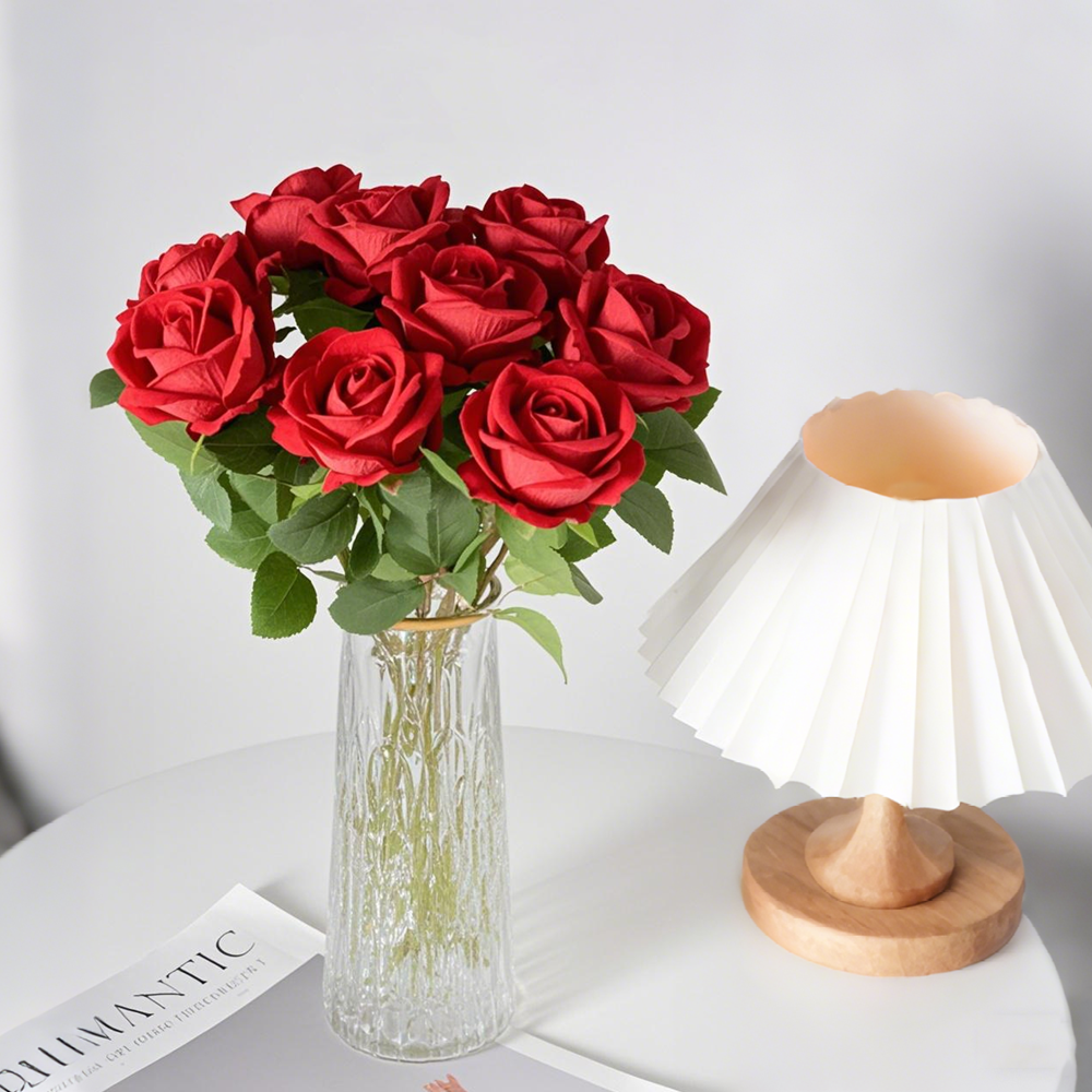 50PCS Red Velvet Rose Realistic Artificial Flowers Faux Roses for Wedding & Home Decor