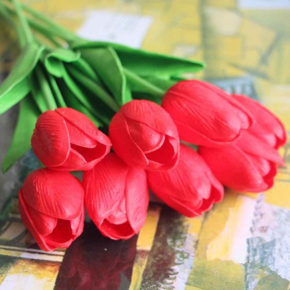 10pcs PU Real Touch Red Tulips Artificial Flowers Lifelike Faux Tulip for Home Decor