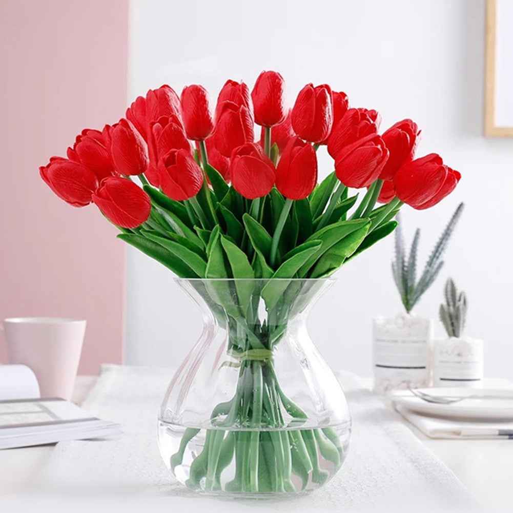 10pcs PU Real Touch Red Tulips Artificial Flowers Lifelike Faux Tulip for Home Decor