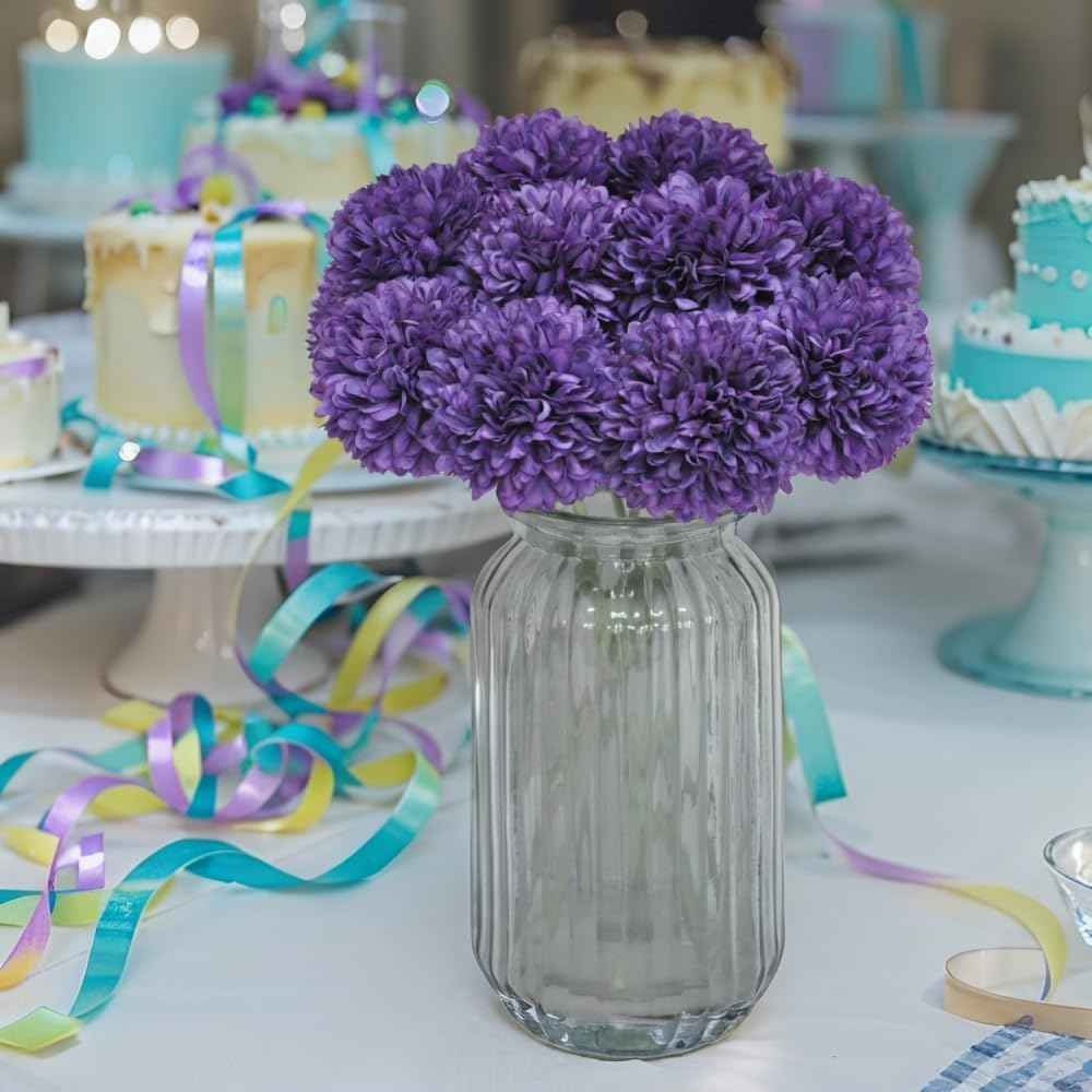 Silk Ball Chrysanthemum Purple Artificial Flowers 10pcs Faux Pom pom Mums for Home Decor