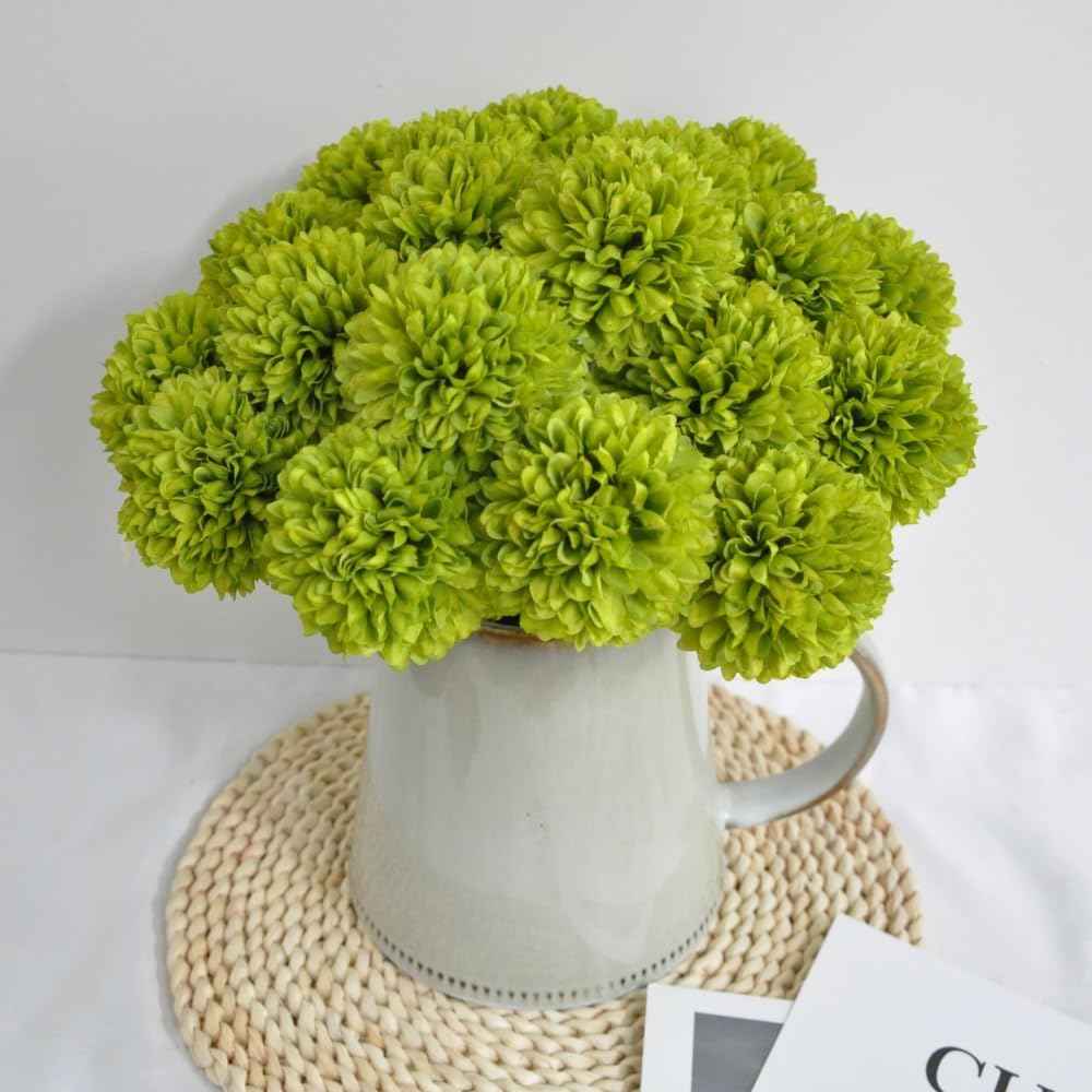 Silk Ball Chrysanthemum Green Artificial Flowers 10pcs Faux Pom pom Mums for Home Decor