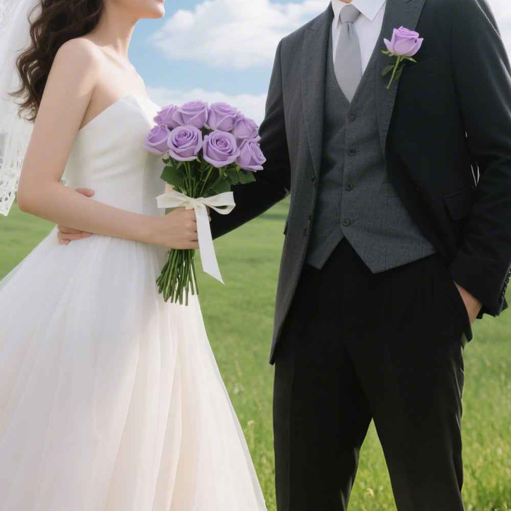 12PCS Purple Velvet Rose Realistic Artificial Flowers Faux Roses for Wedding & Home Decor