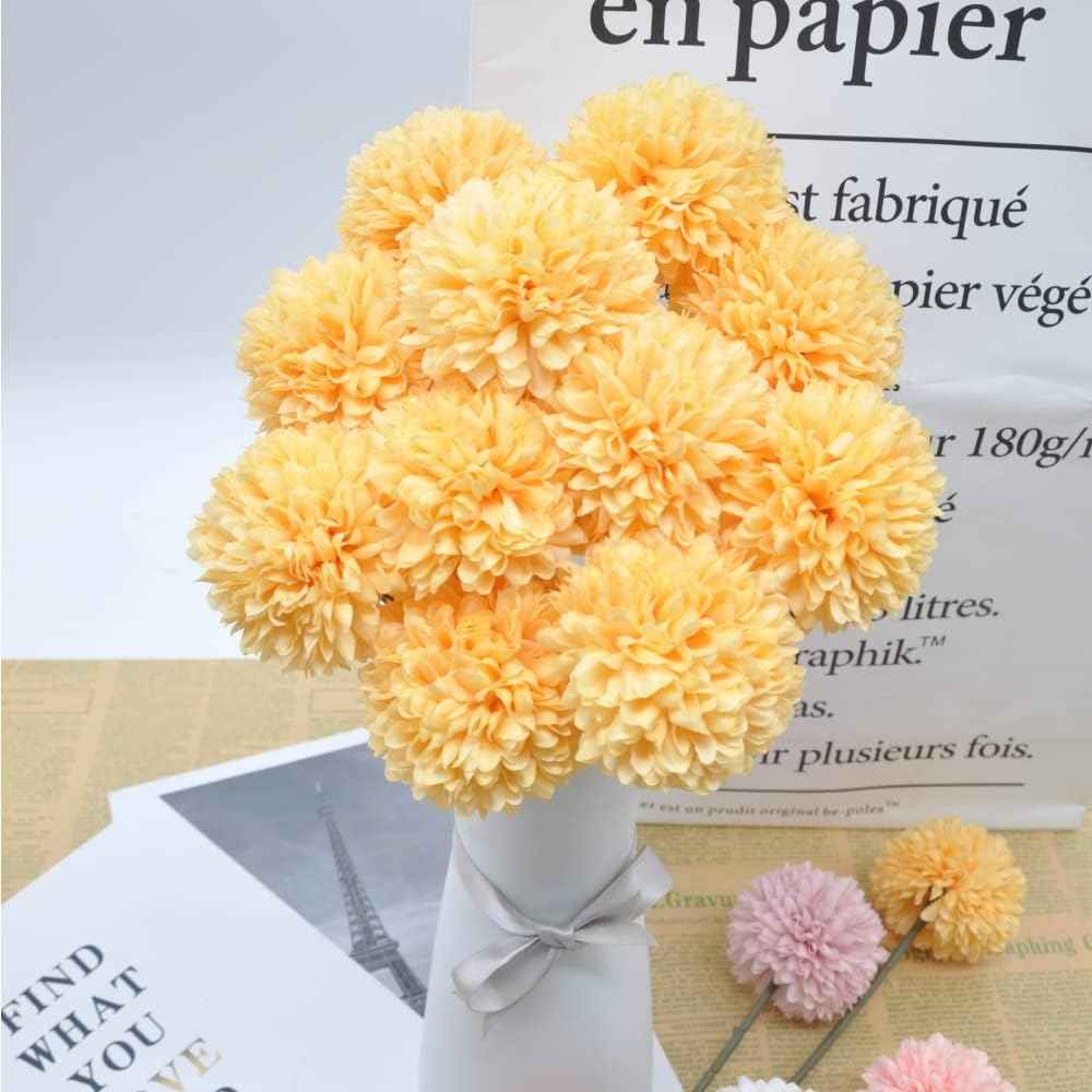Silk Ball Chrysanthemum Yellow Artificial Flowers 10pcs Faux Pom pom Mums for Home Decor