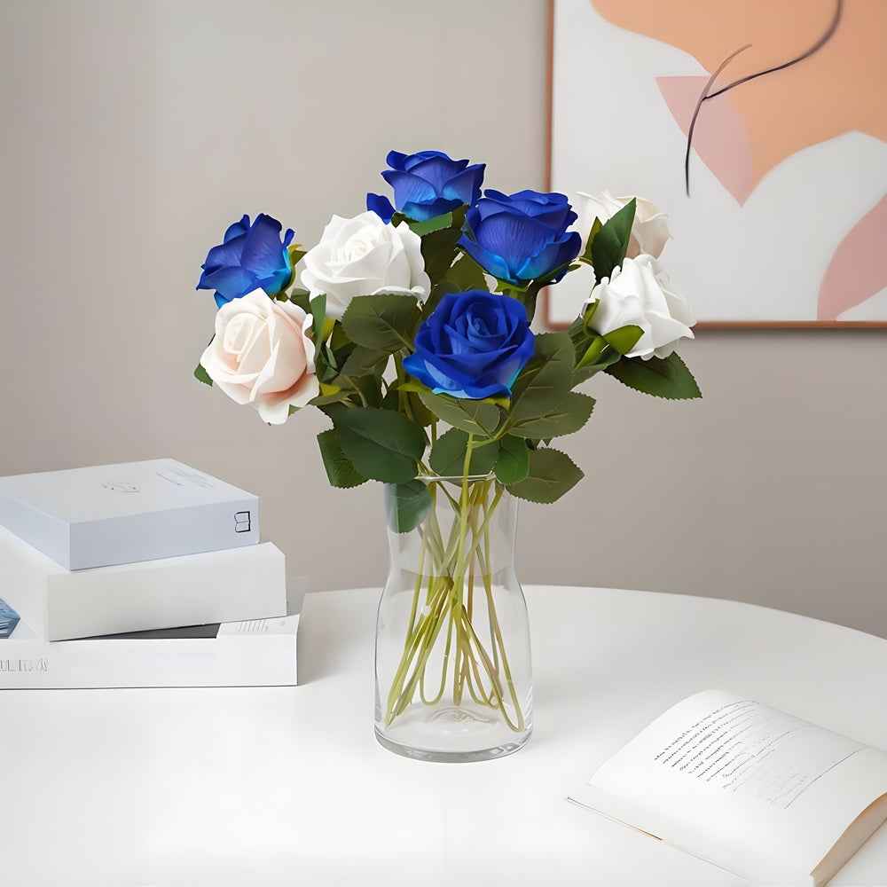 12PCS Blue Velvet Rose Realistic Artificial Flowers Faux Roses for Wedding & Home Decor