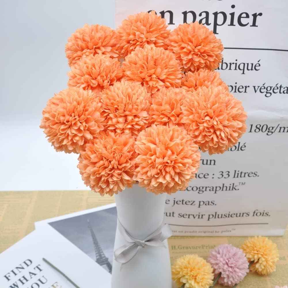 Silk Ball Chrysanthemum Orange Artificial Flowers 10pcs Faux Pom pom Mums for Home Decor