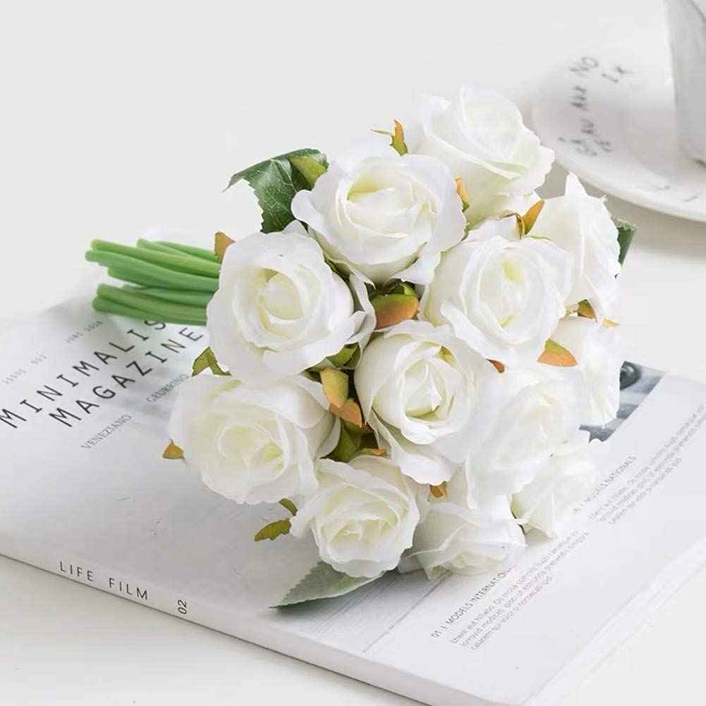 Silk Rose Bouquet 12pcs White Artificial Roses Faux Flowers for Home Decor & Wedding
