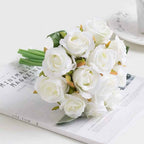 Silk Rose Bouquet 12pcs White Artificial Roses Faux Flowers for Home Decor & Wedding