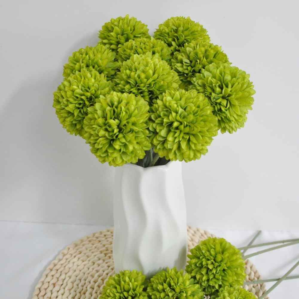 Silk Ball Chrysanthemum Green Artificial Flowers 10pcs Faux Pom pom Mums for Home Decor