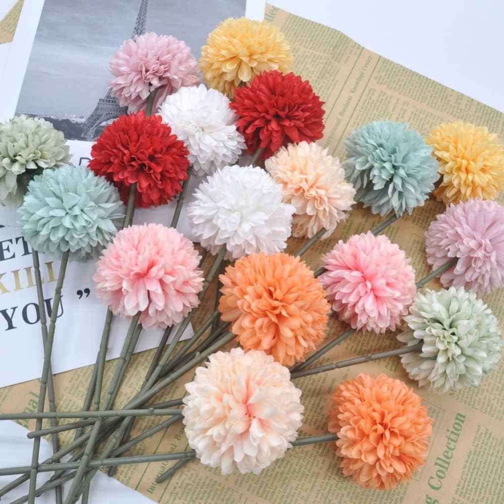 Silk Ball Chrysanthemum Yellow Artificial Flowers 10pcs Faux Pom pom Mums for Home Decor