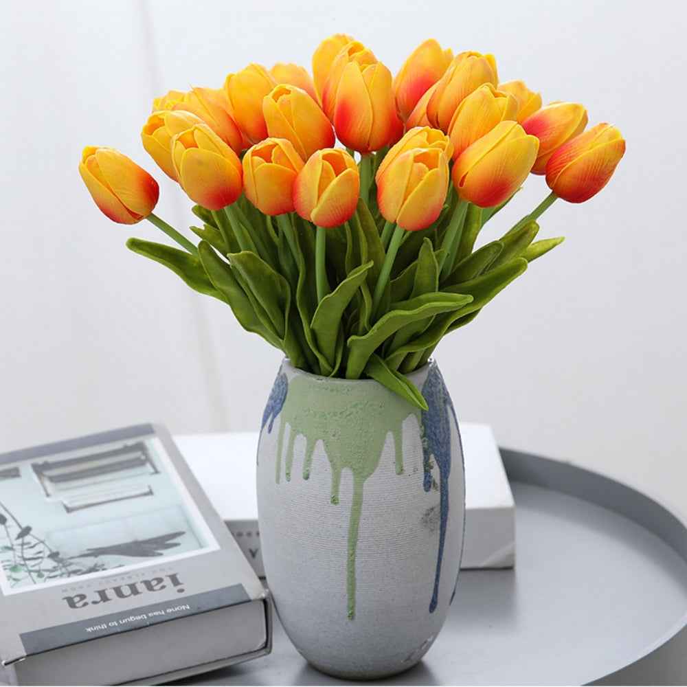 PU Real Touch Orange Tulips Artificial Flowers Lifelike Faux Tulip for Home Decor