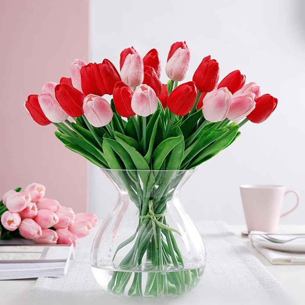 10pcs PU Real Touch Red Tulips Artificial Flowers Lifelike Faux Tulip for Home Decor