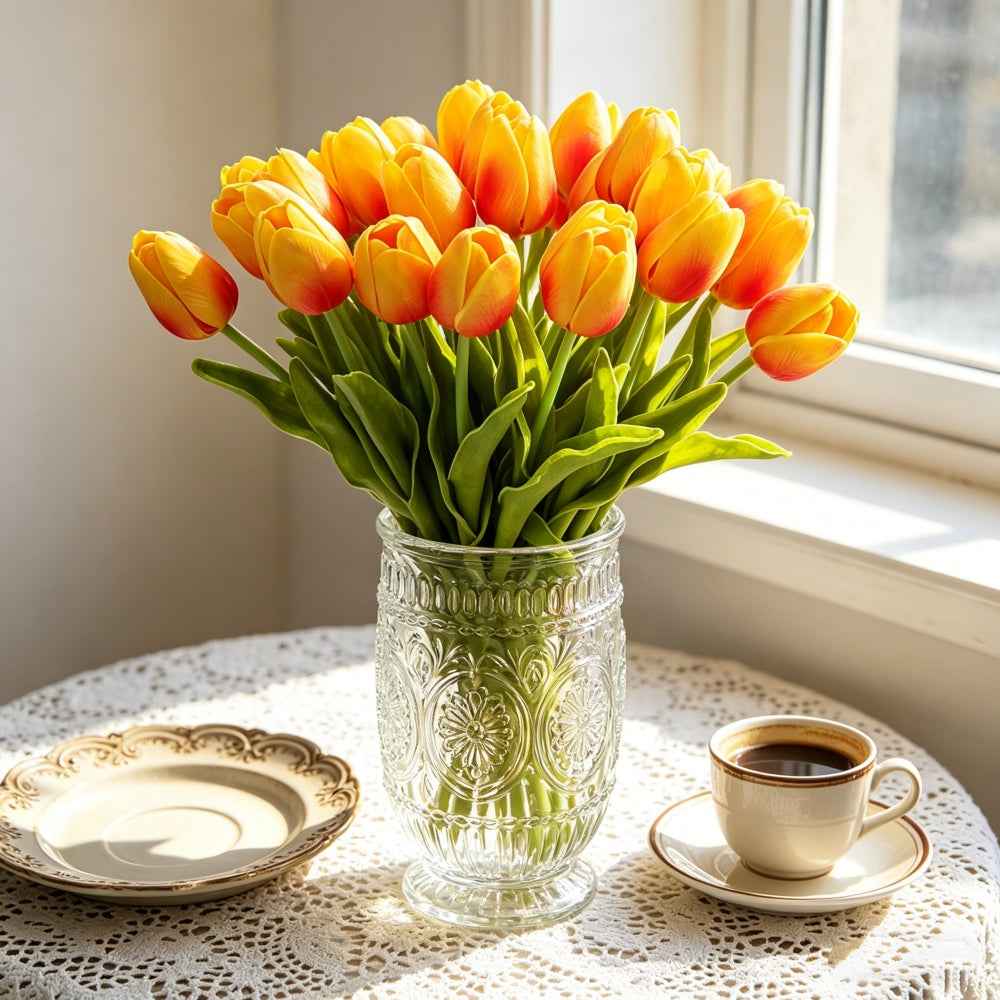 PU Real Touch Orange Tulips Artificial Flowers Lifelike Faux Tulip for Home Decor