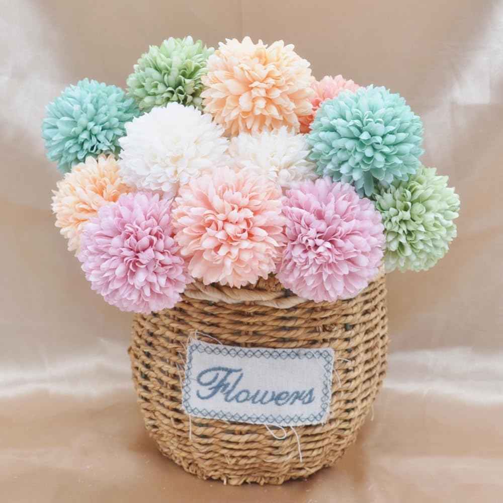 Silk Ball Chrysanthemum Colorful Artificial Flowers 12pcs Faux Pom pom Mums for Home Decor