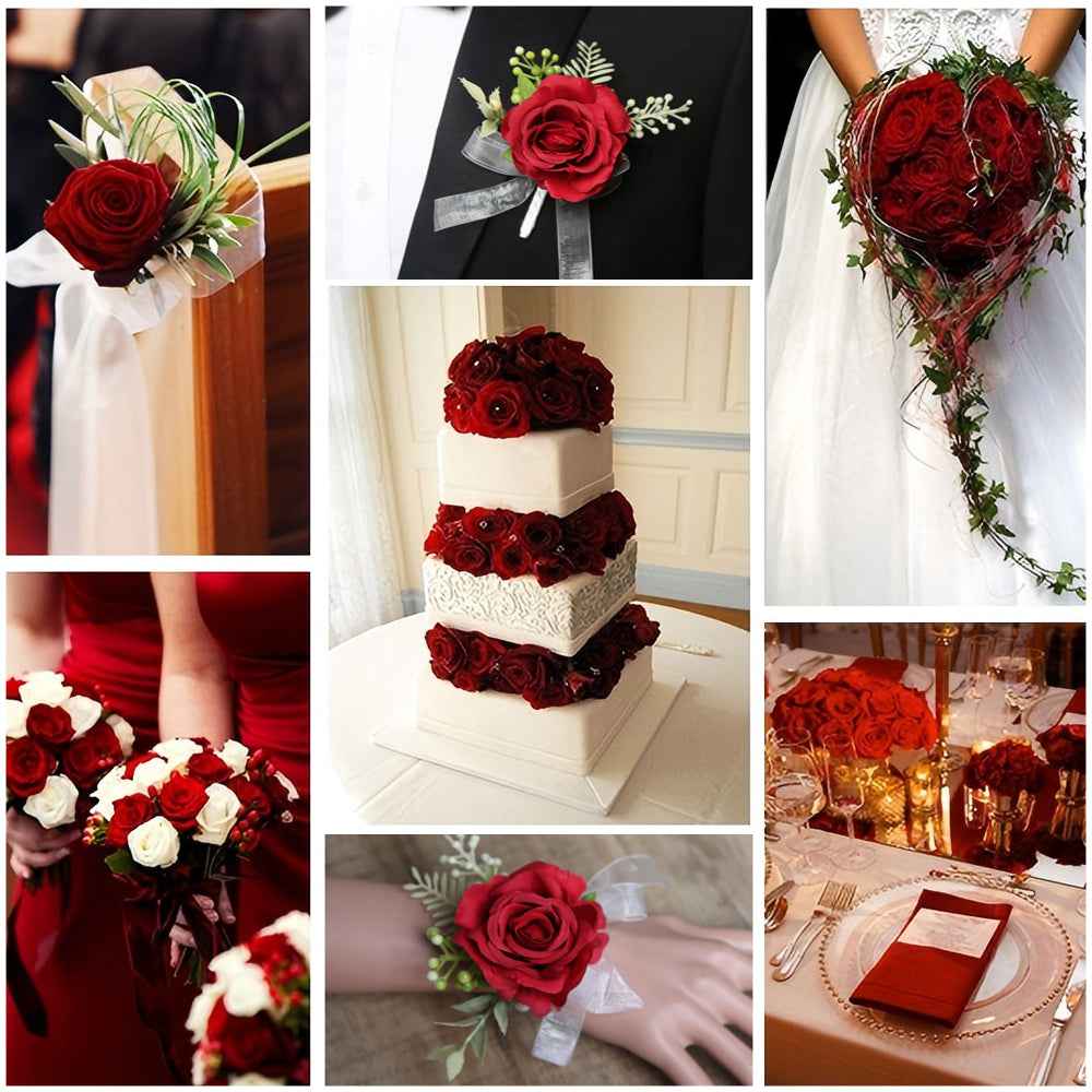 12PCS Red Velvet Rose Realistic Artificial Flowers Faux Roses for Wedding & Home Decor