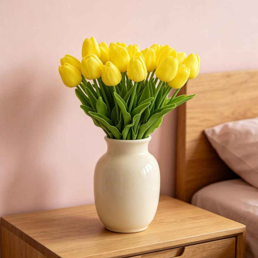 PU Real Touch Yellow Tulips Artificial Flowers Lifelike Faux Tulip for Home Decor