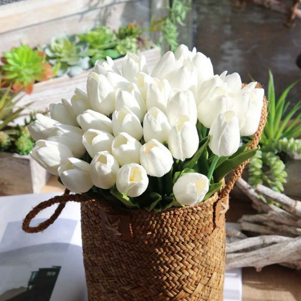 PU Real Touch White Tulips Artificial Flowers Lifelike Faux Tulip for Home Decor