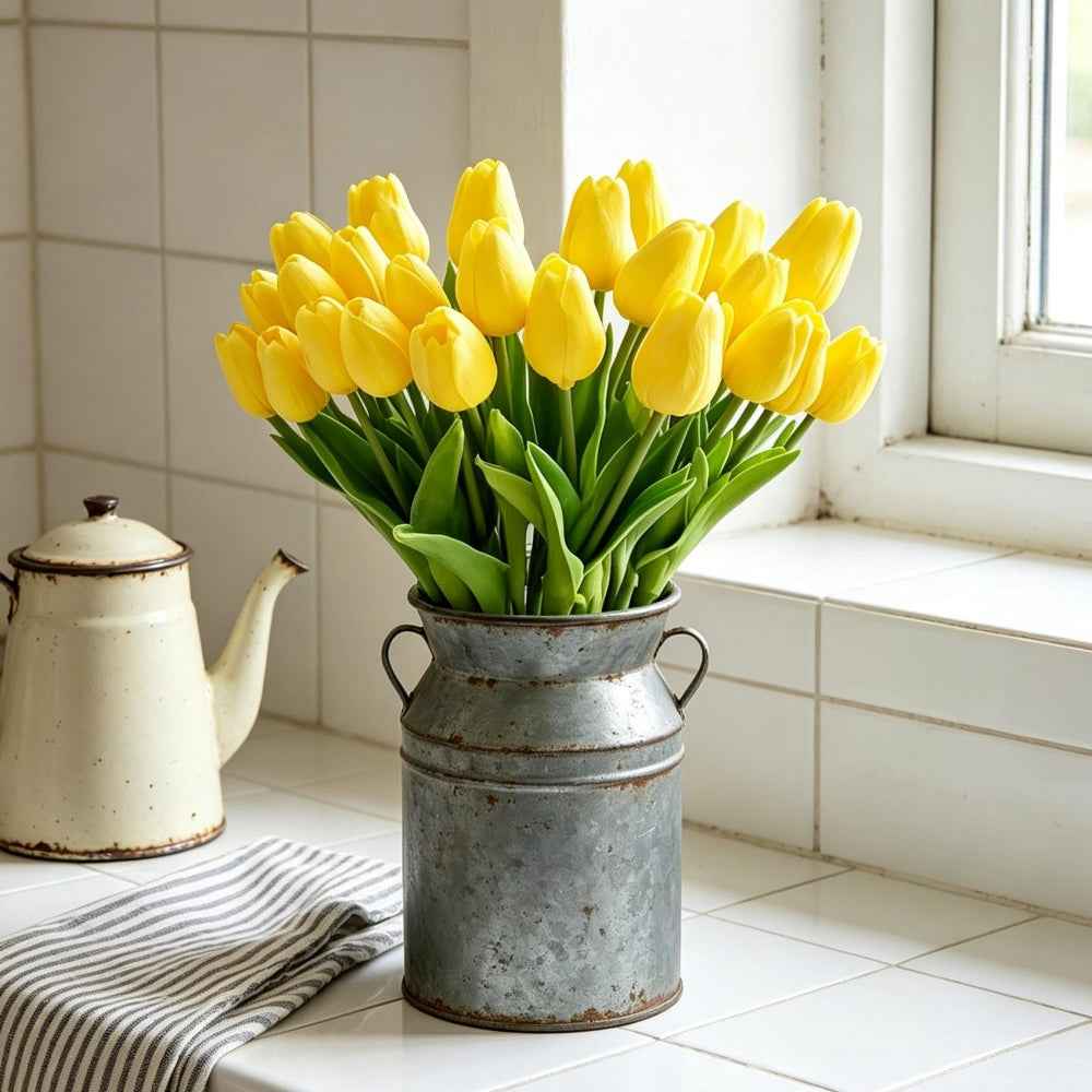 PU Real Touch Yellow Tulips Artificial Flowers Lifelike Faux Tulip for Home Decor