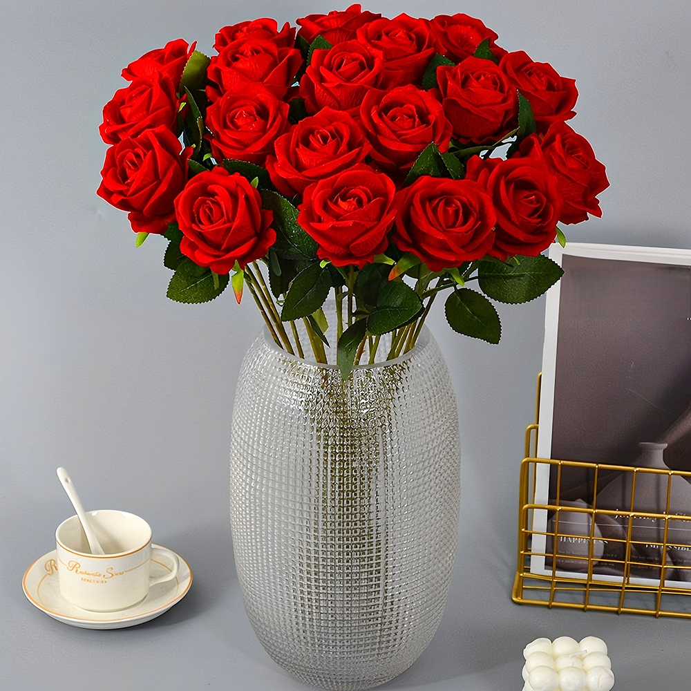 12PCS Red Velvet Rose Realistic Artificial Flowers Faux Roses for Wedding & Home Decor