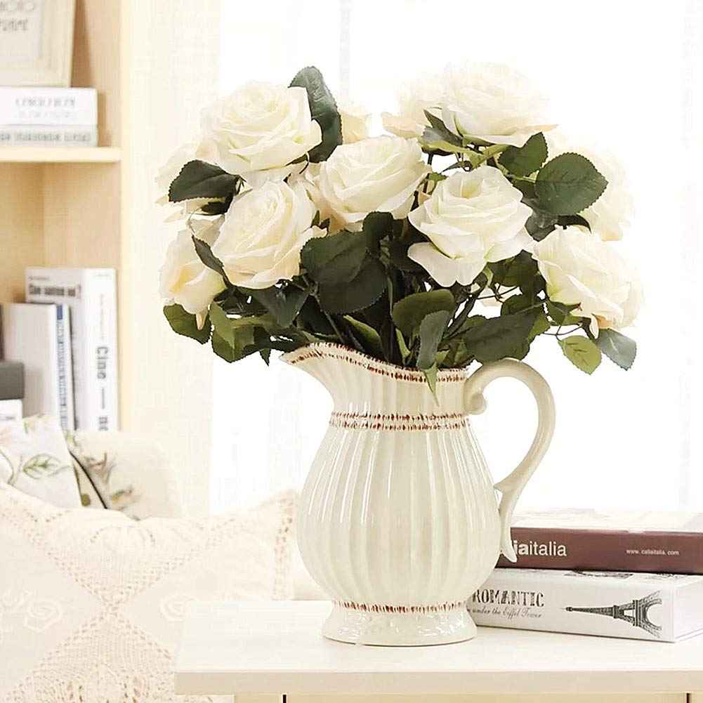 Silk Rose Bouquet 10 Heads White Artificial Roses Faux Flowers for Home Decor & Wedding