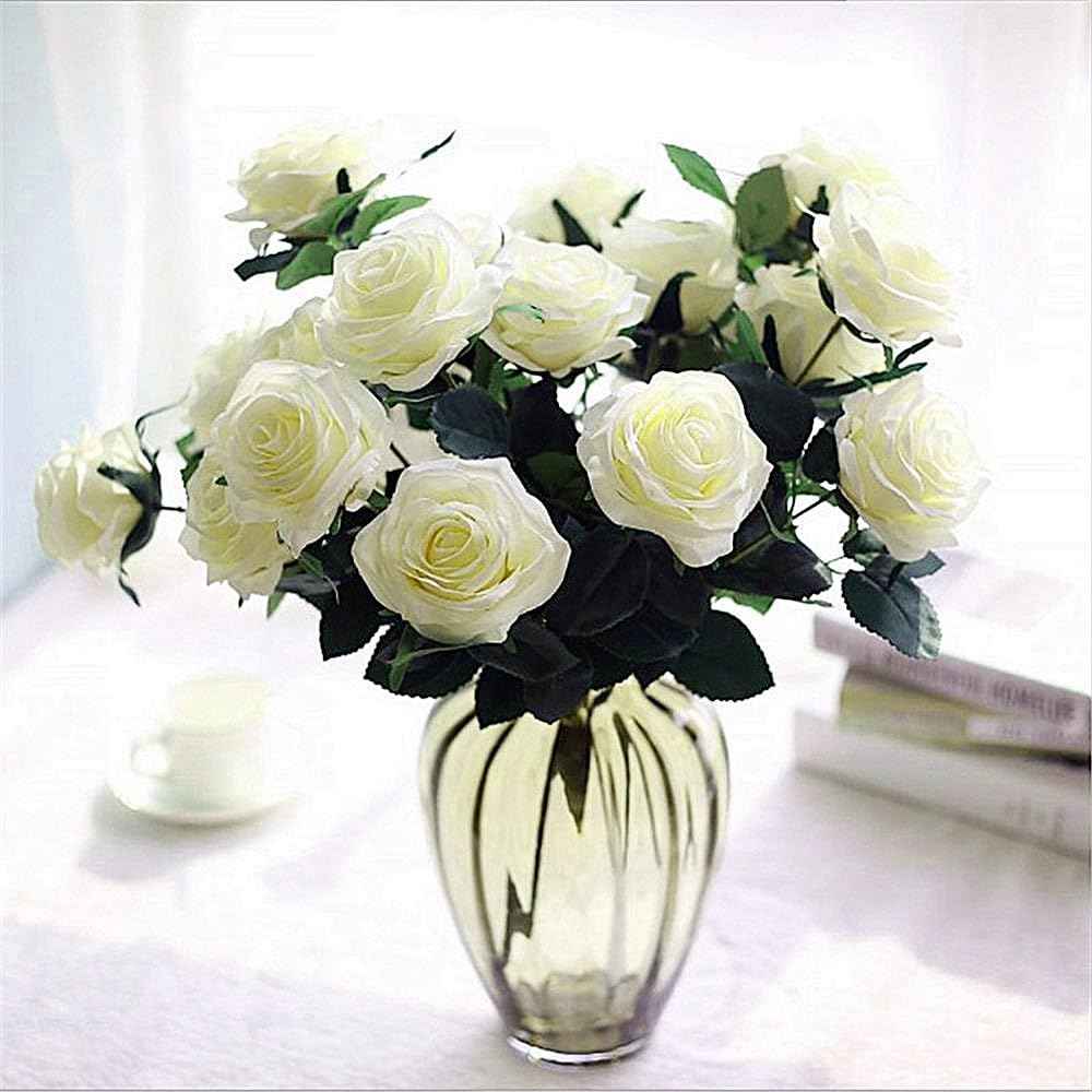 Silk Rose Bouquet 10 Heads White Artificial Roses Faux Flowers for Home Decor & Wedding
