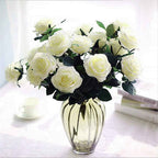 Silk Rose Bouquet 10 Heads White Artificial Roses Faux Flowers for Home Decor & Wedding