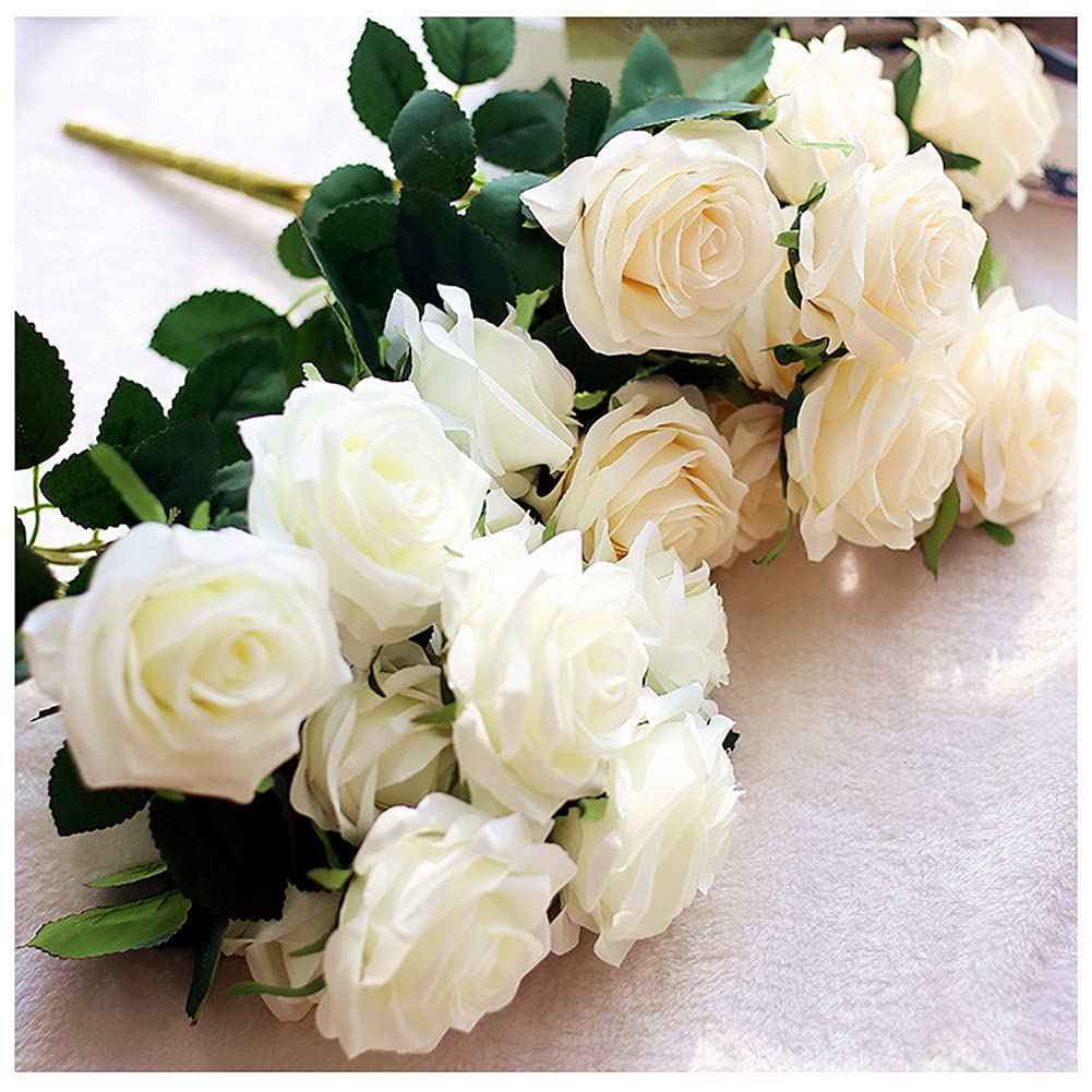 Silk Rose Bouquet 10 Heads White Artificial Roses Faux Flowers for Home Decor & Wedding