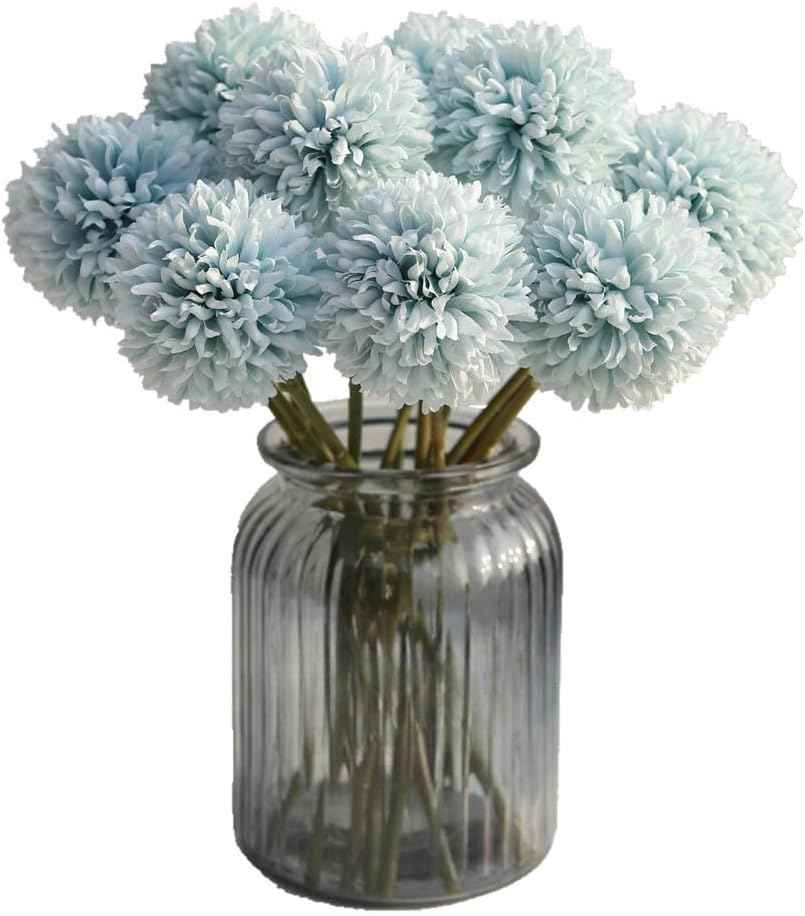 Silk Ball Chrysanthemum Blue Artificial Flowers 10pcs Faux Pom pom Mums for Home Decor