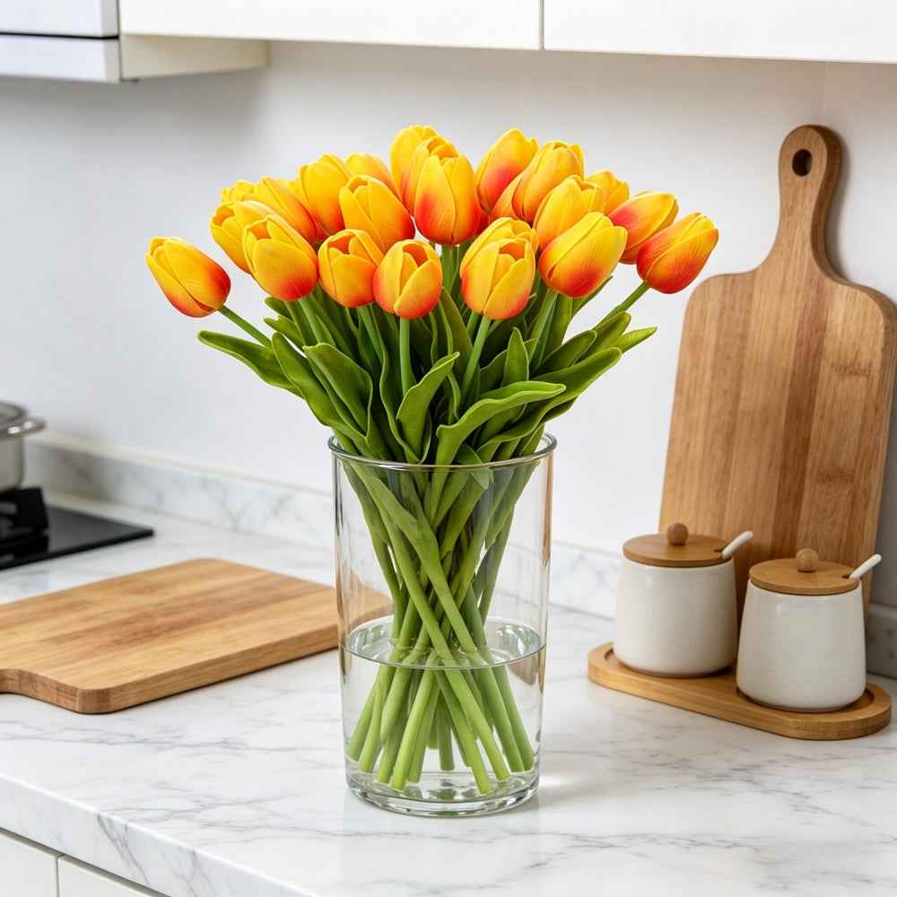 PU Real Touch Orange Tulips Artificial Flowers Lifelike Faux Tulip for Home Decor