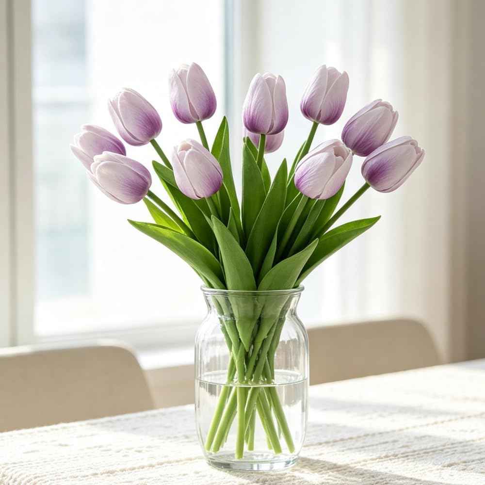 PU Real Touch Purple Tulips Artificial Flowers Lifelike Faux Tulip for Home Decor