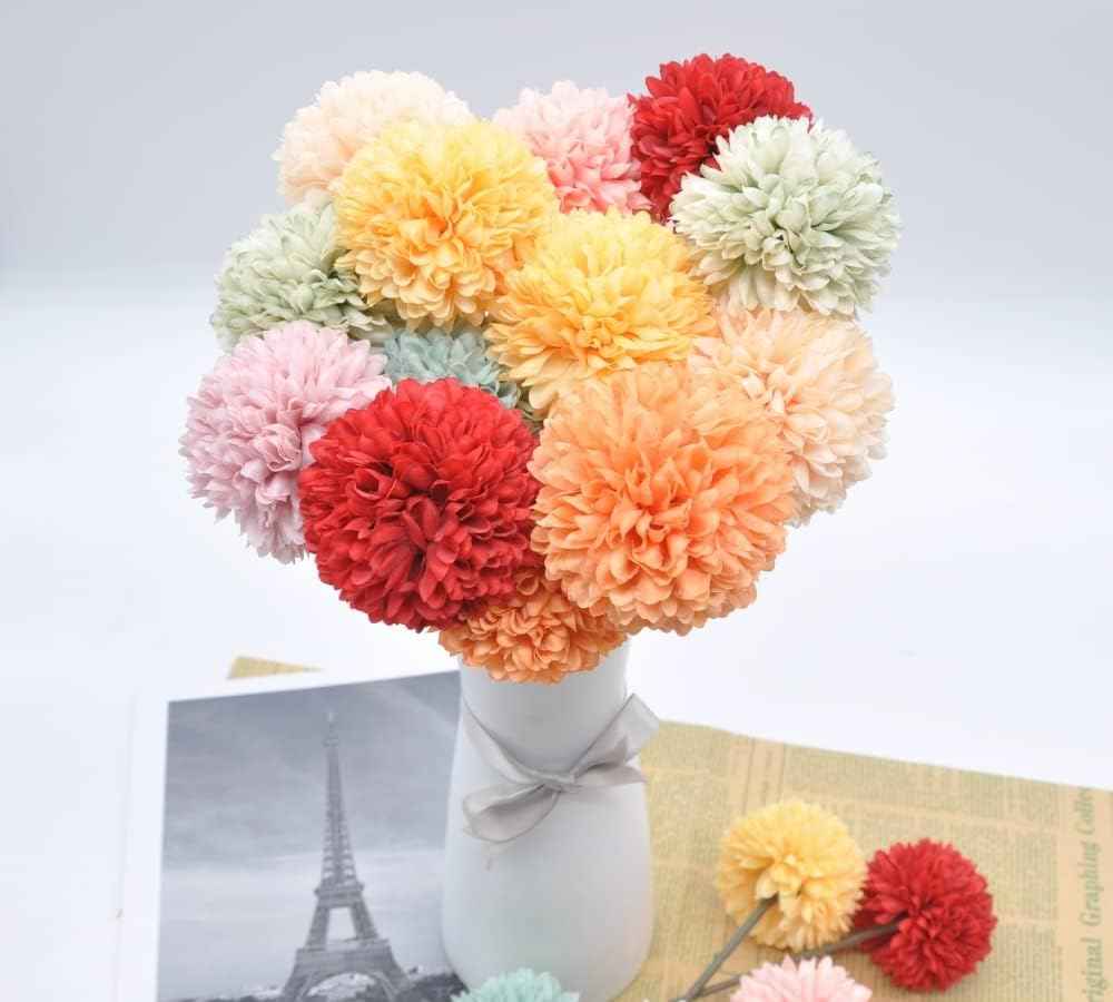 Silk Ball Chrysanthemum Yellow Artificial Flowers 10pcs Faux Pom pom Mums for Home Decor