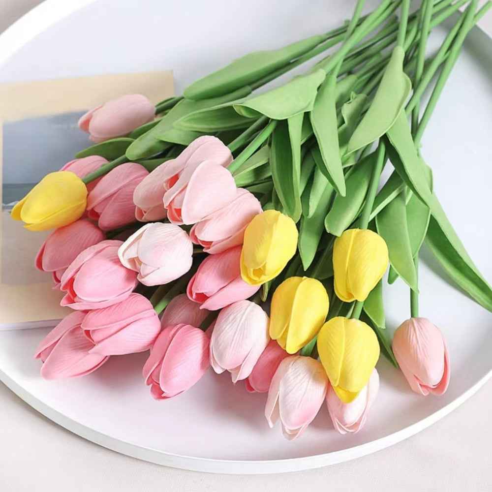PU Real Touch Pink Tulips Artificial Flowers Lifelike Faux Tulip for Home Decor