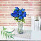 12PCS Blue Velvet Rose Realistic Artificial Flowers Faux Roses for Wedding & Home Decor