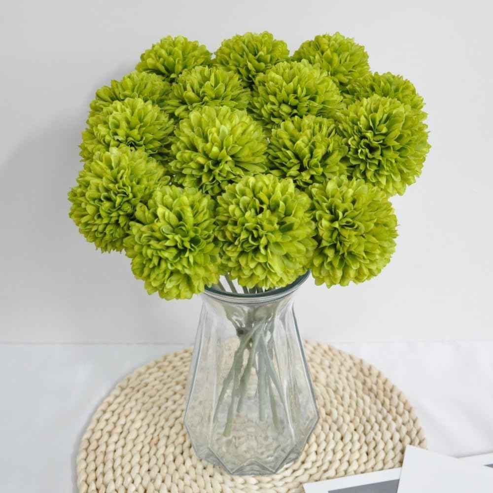 Silk Ball Chrysanthemum Green Artificial Flowers 10pcs Faux Pom pom Mums for Home Decor
