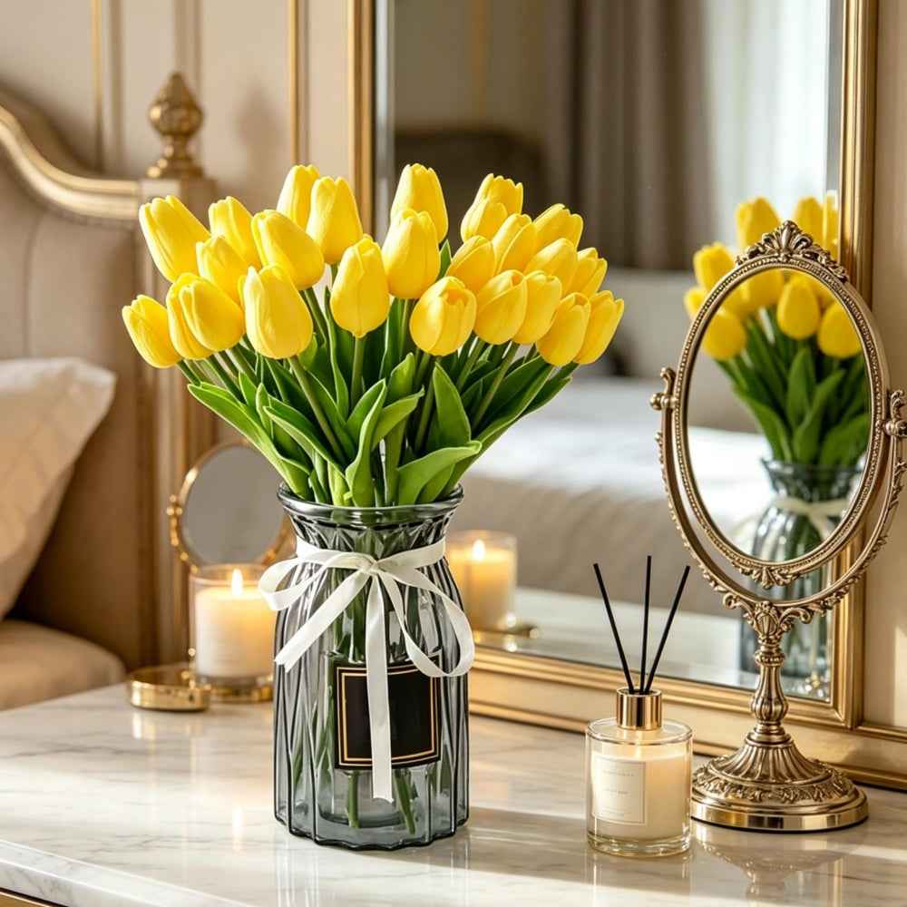 PU Real Touch Yellow Tulips Artificial Flowers Lifelike Faux Tulip for Home Decor