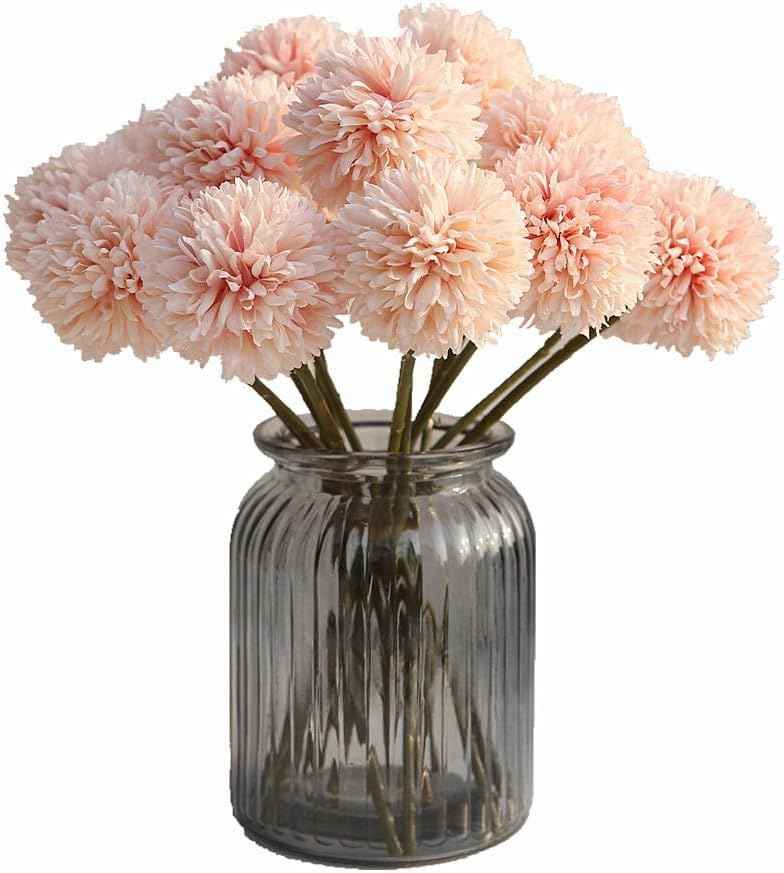 Silk Ball Chrysanthemum Champagne Artificial Flowers 10pcs Faux Pom pom Mums for Home Decor