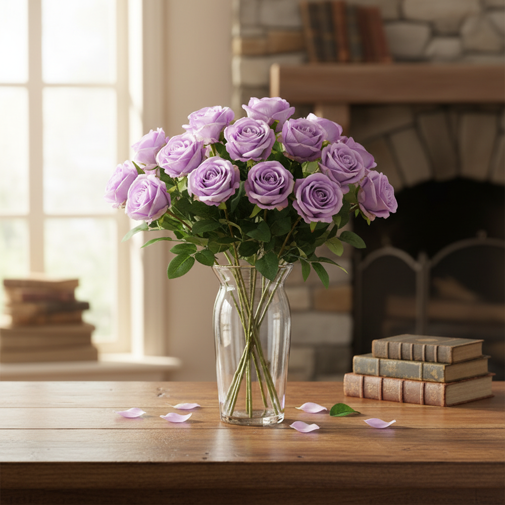12PCS Purple Velvet Rose Realistic Artificial Flowers Faux Roses for Wedding & Home Decor