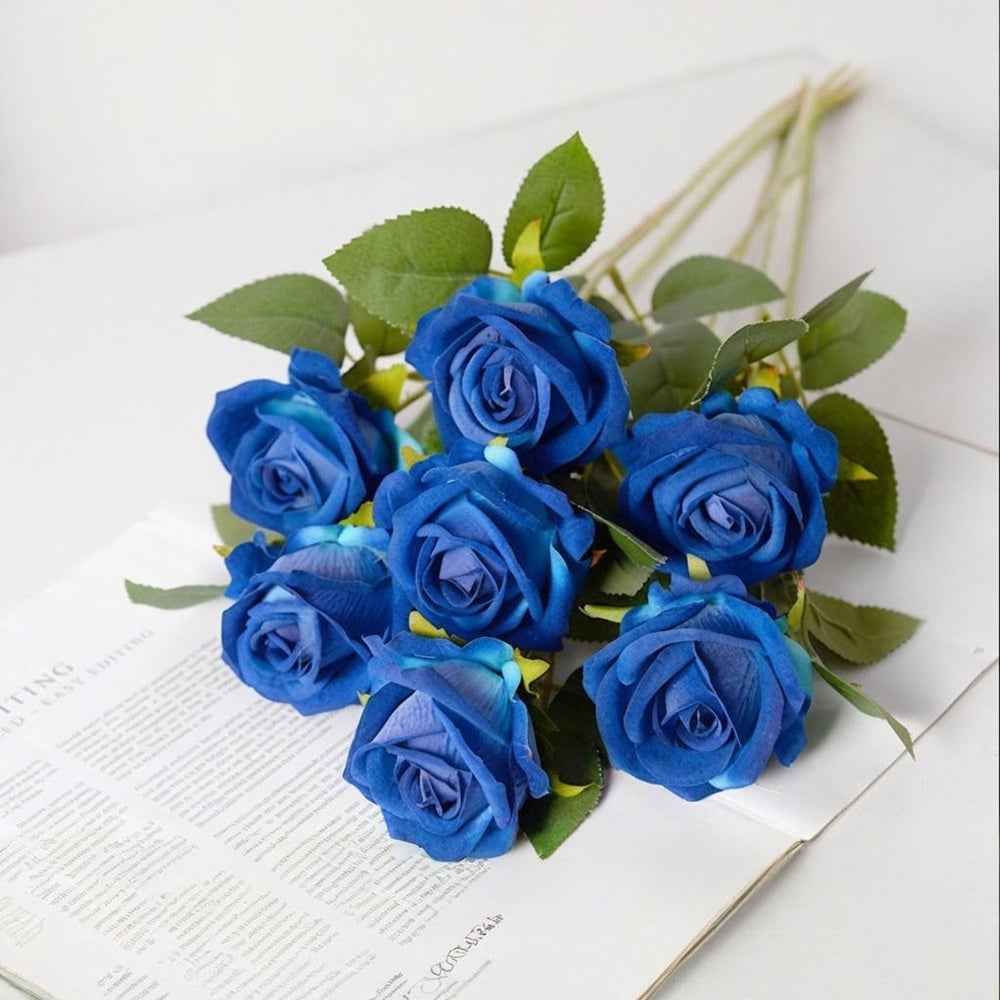12PCS Blue Velvet Rose Realistic Artificial Flowers Faux Roses for Wedding & Home Decor