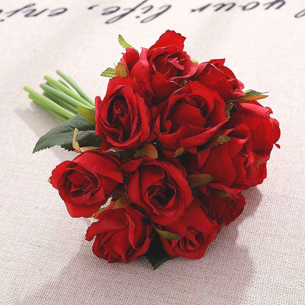 Silk Rose Bouquet 12pcs Red Artificial Roses Faux Flowers for Home Decor & Wedding
