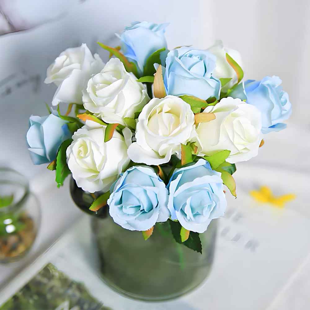 Silk Rose Bouquet 12pcs Blue Artificial Roses Faux Flowers for Home Decor & Wedding