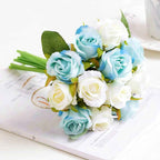 Silk Rose Bouquet 12pcs Blue Artificial Roses Faux Flowers for Home Decor & Wedding
