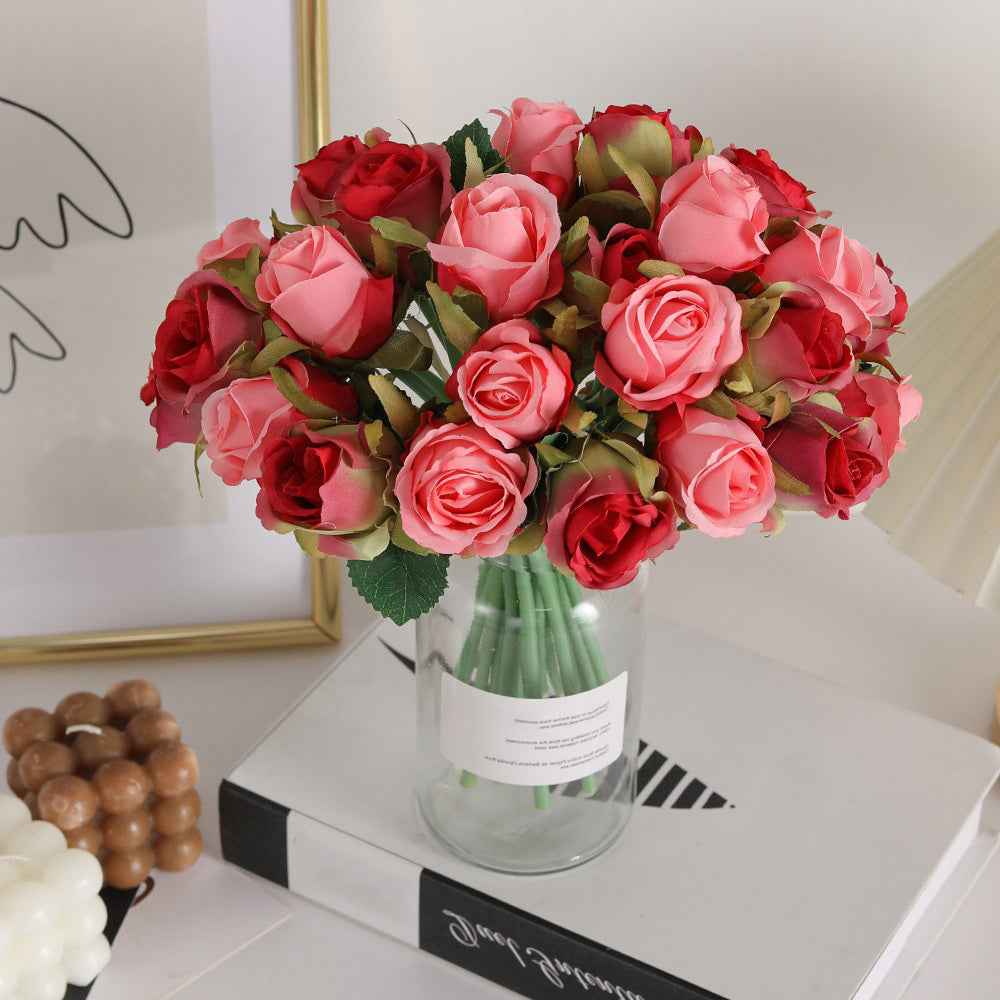 Silk Rose Bouquet 12pcs Red with Pink Artificial Roses Faux Flowers for Home Decor & Wedding