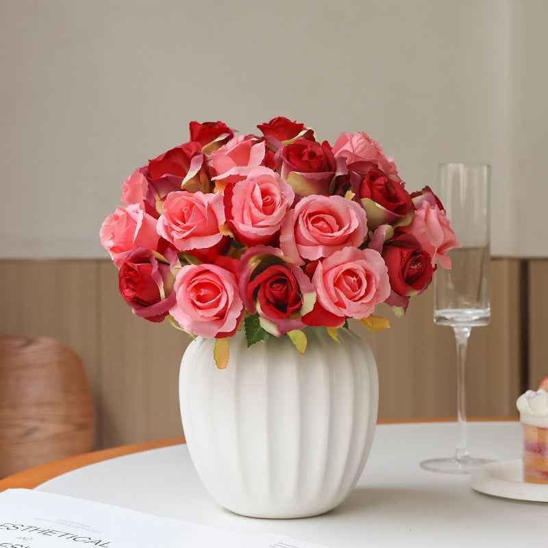 Silk Rose Bouquet 12pcs Red with Pink Artificial Roses Faux Flowers for Home Decor & Wedding