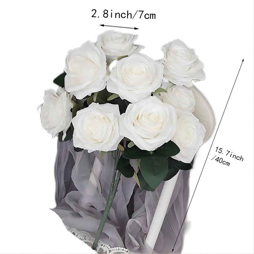 Silk Rose Bouquet 10 Heads White Artificial Roses Faux Flowers for Home Decor & Wedding