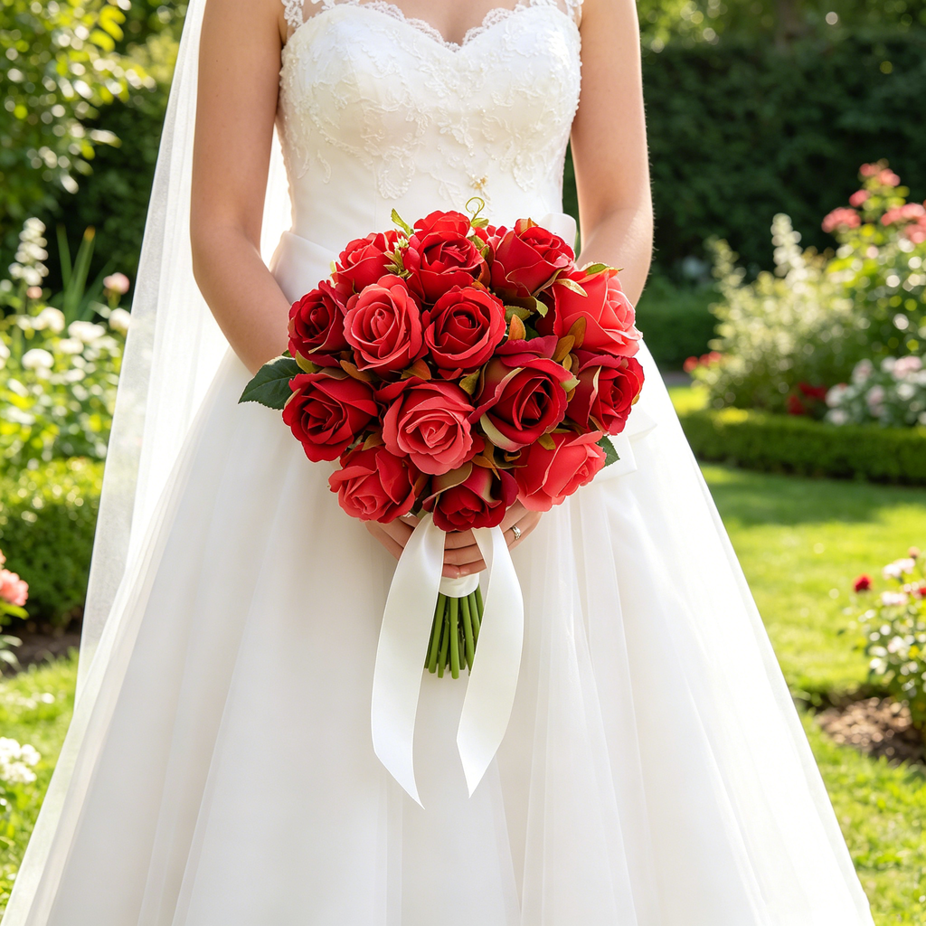Silk Rose Bouquet 12pcs Red Artificial Roses Faux Flowers for Home Decor & Wedding