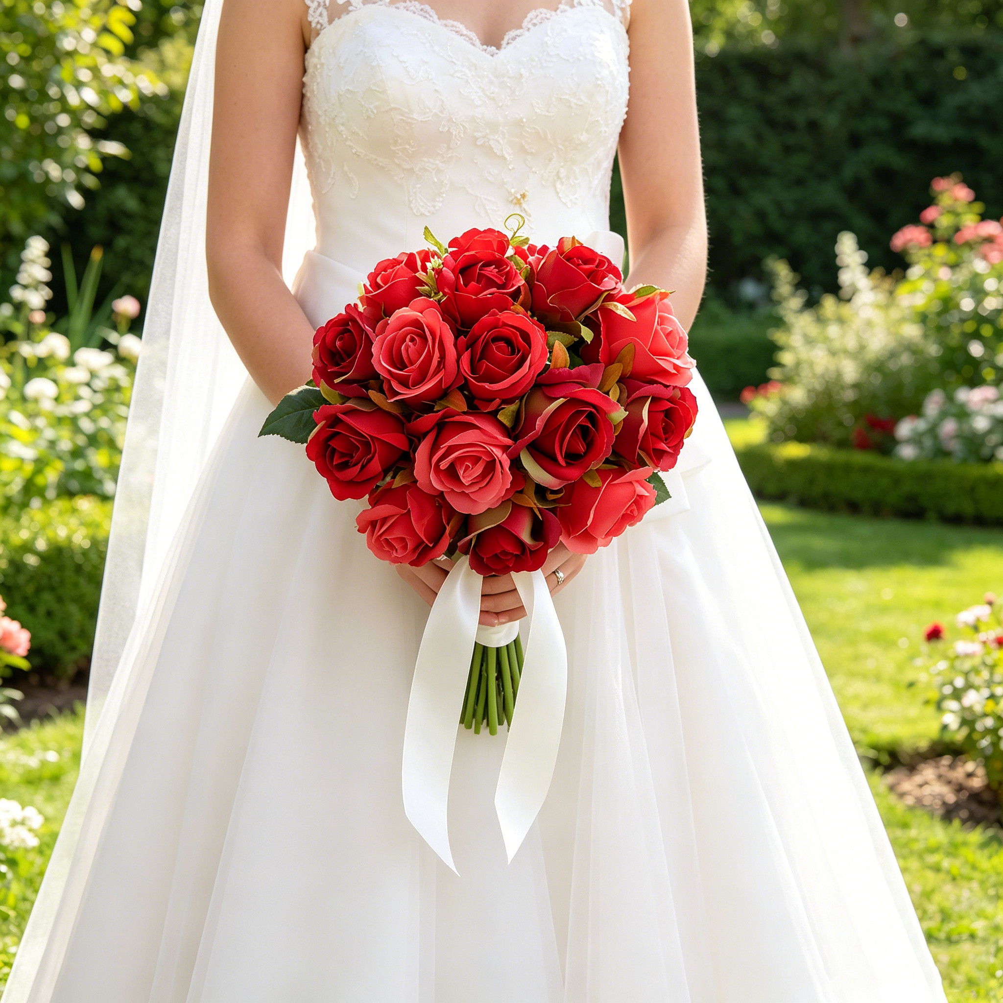 Silk Rose Bouquet 12pcs Red Artificial Roses Faux Flowers for Home Decor & Wedding