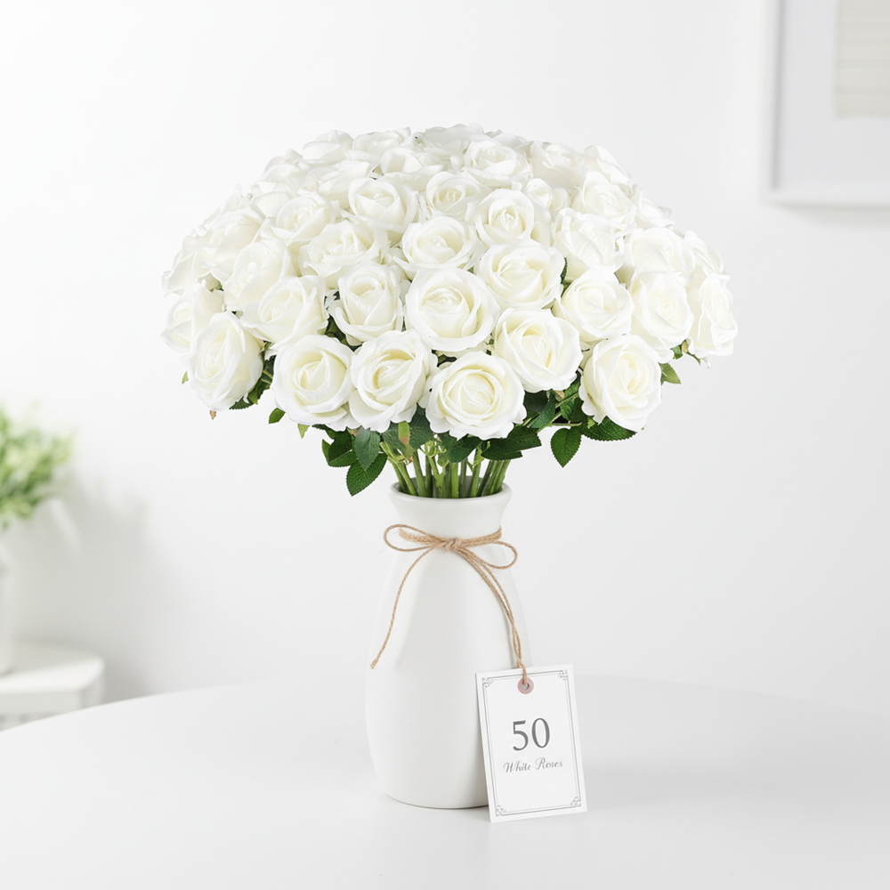 50PCS White Velvet Rose Realistic Artificial Flowers Faux Roses for Wedding & Home Decor