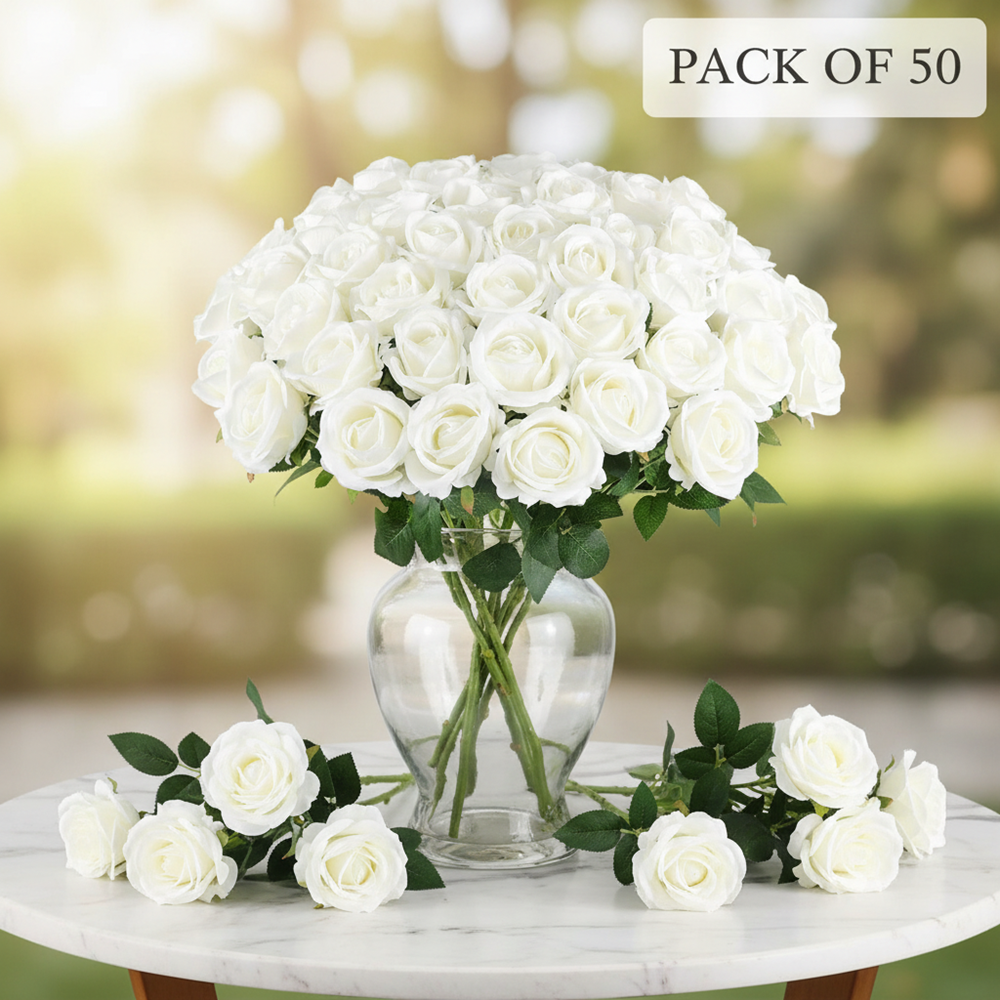 50PCS White Velvet Rose Realistic Artificial Flowers Faux Roses for Wedding & Home Decor