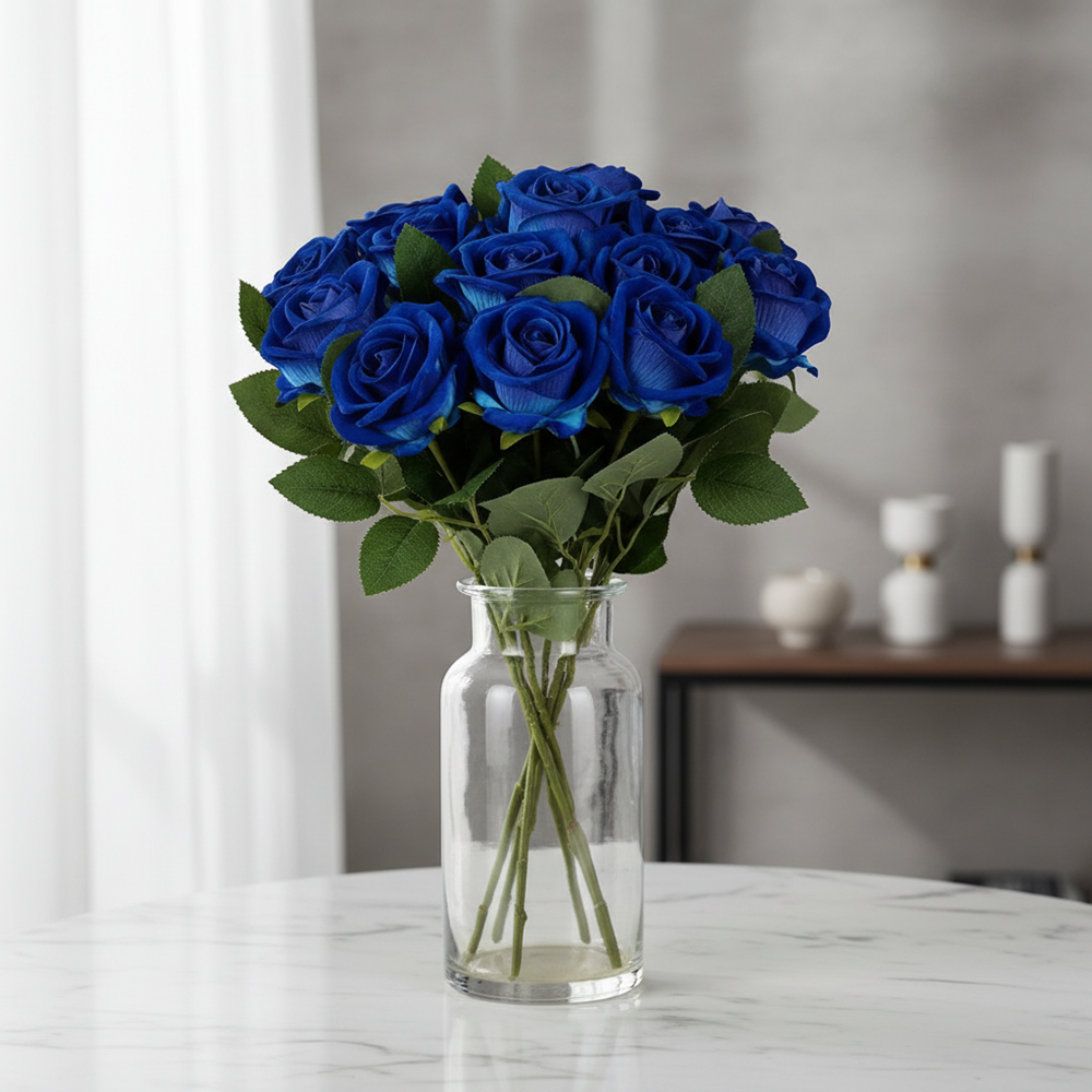 12PCS Blue Velvet Rose Realistic Artificial Flowers Faux Roses for Wedding & Home Decor