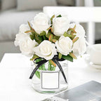Silk Rose Bouquet 12pcs White Artificial Roses Faux Flowers for Home Decor & Wedding