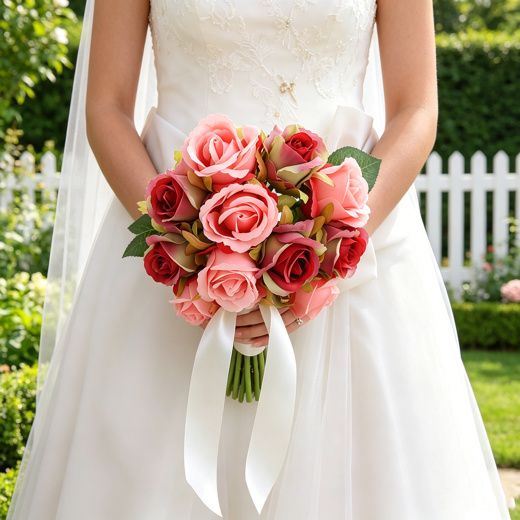 Silk Rose Bouquet 12pcs Red with Pink Artificial Roses Faux Flowers for Home Decor & Wedding